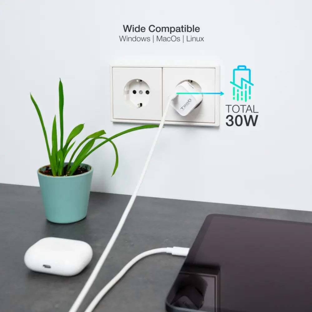 TooQ Cargador de Pared GAN USB-C/PD 30W. Blanco - detalle