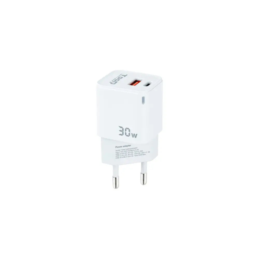 TooQ Cargador de Pared GaN USB-C/PD + USB-A/QC 30W. Blanco