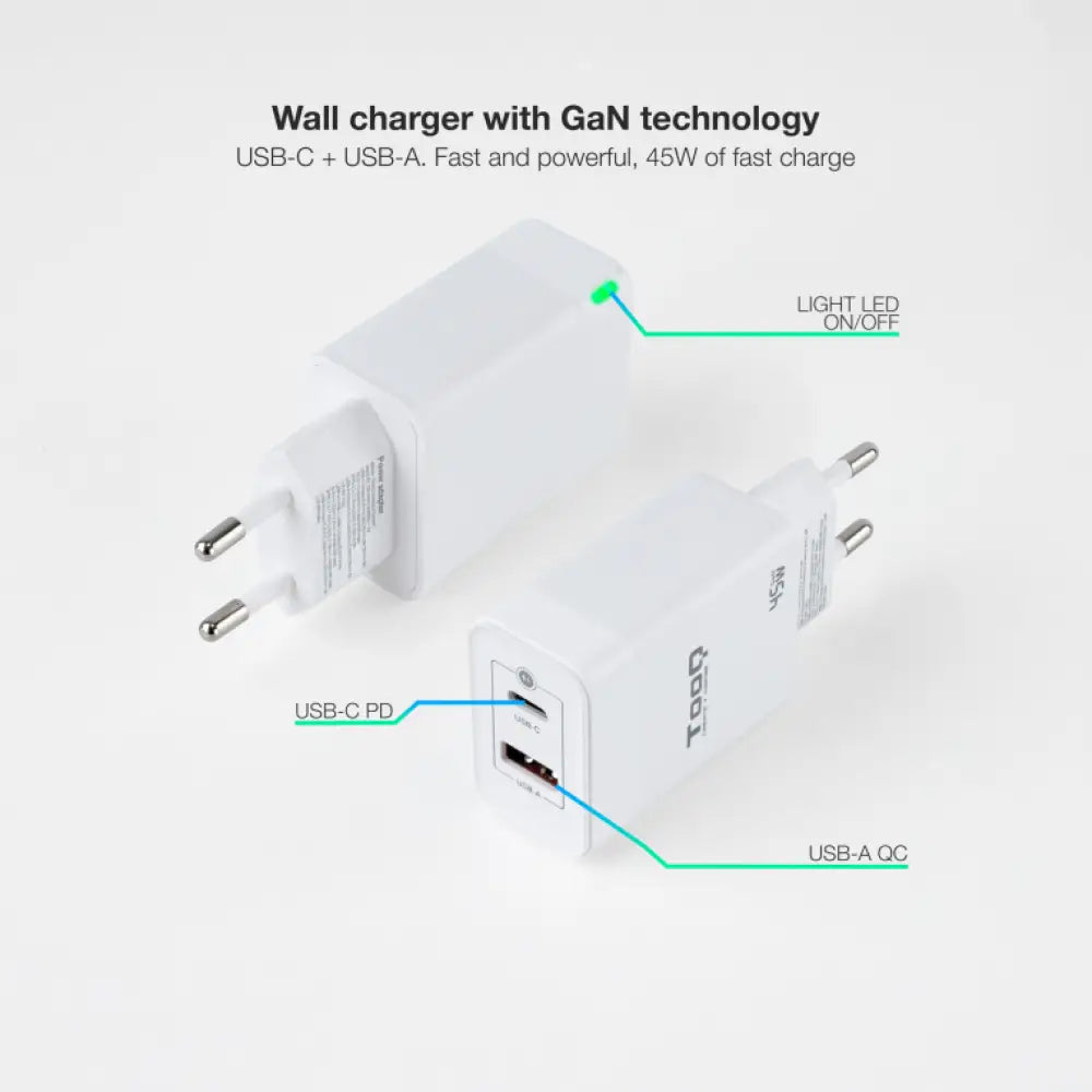 TooQ Cargador de Pared GaN USB-C/PD + USB-A/QC 45W. Blanco - detalle