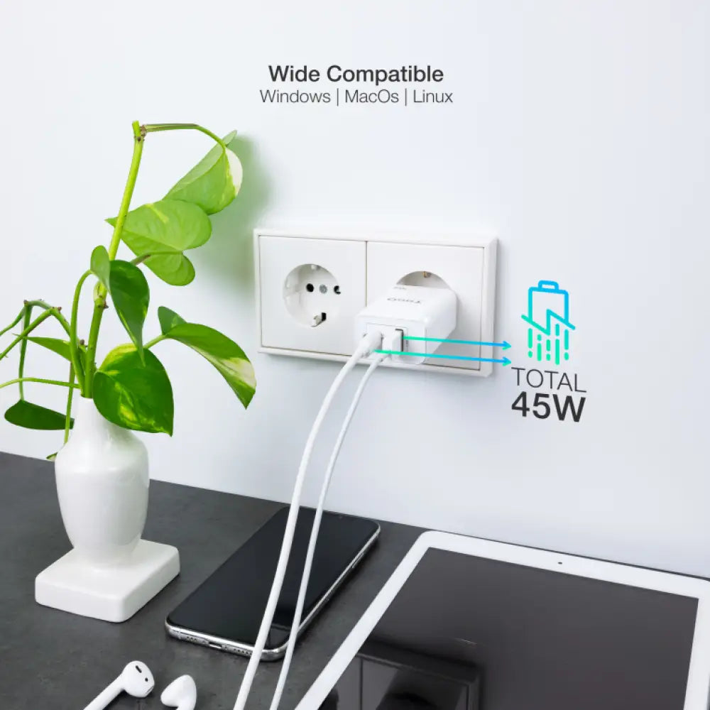 TooQ Cargador de Pared GaN USB-C/PD + USB-A/QC 45W. Blanco - detalle