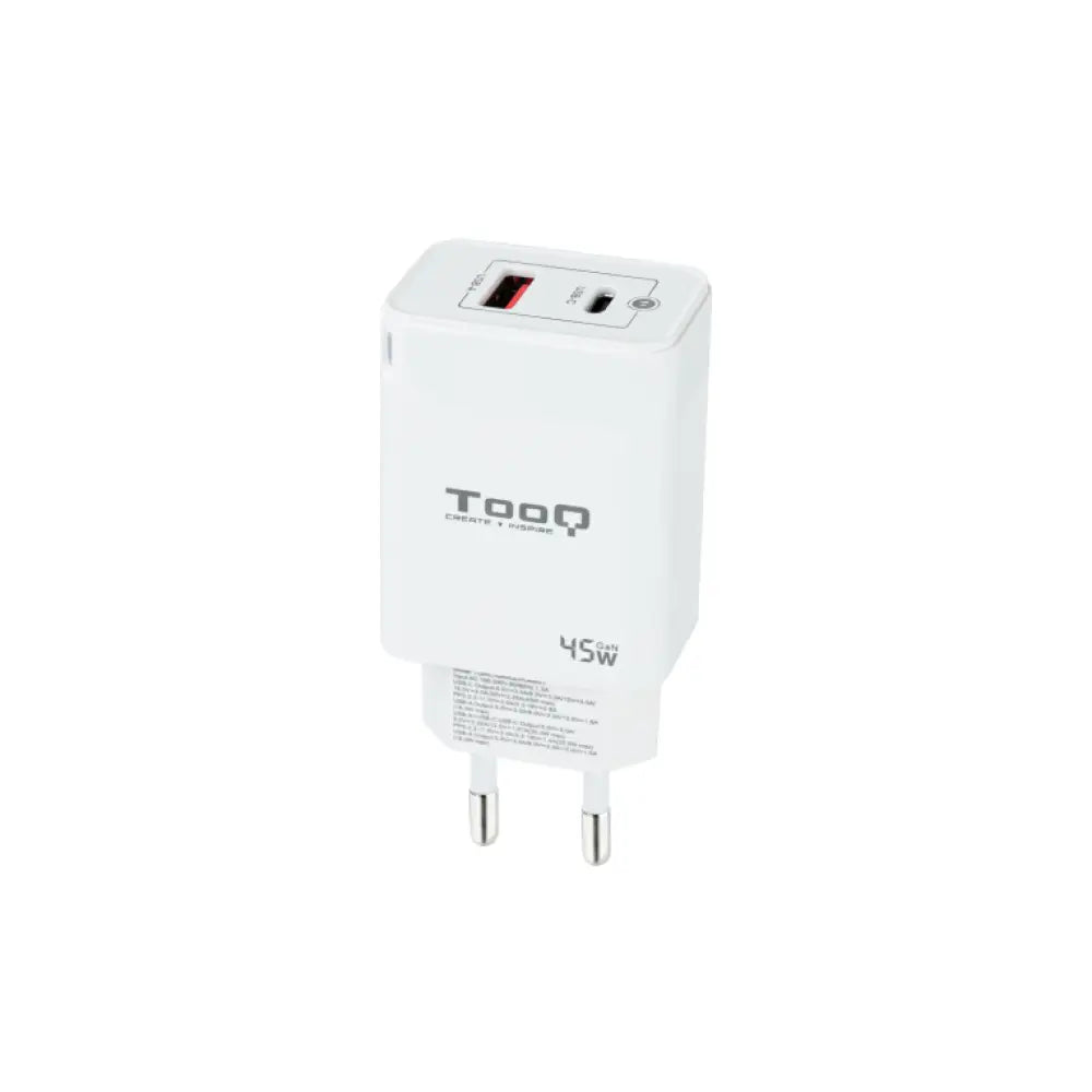 TooQ Cargador de Pared GaN USB-C/PD + USB-A/QC 45W. Blanco - detalle