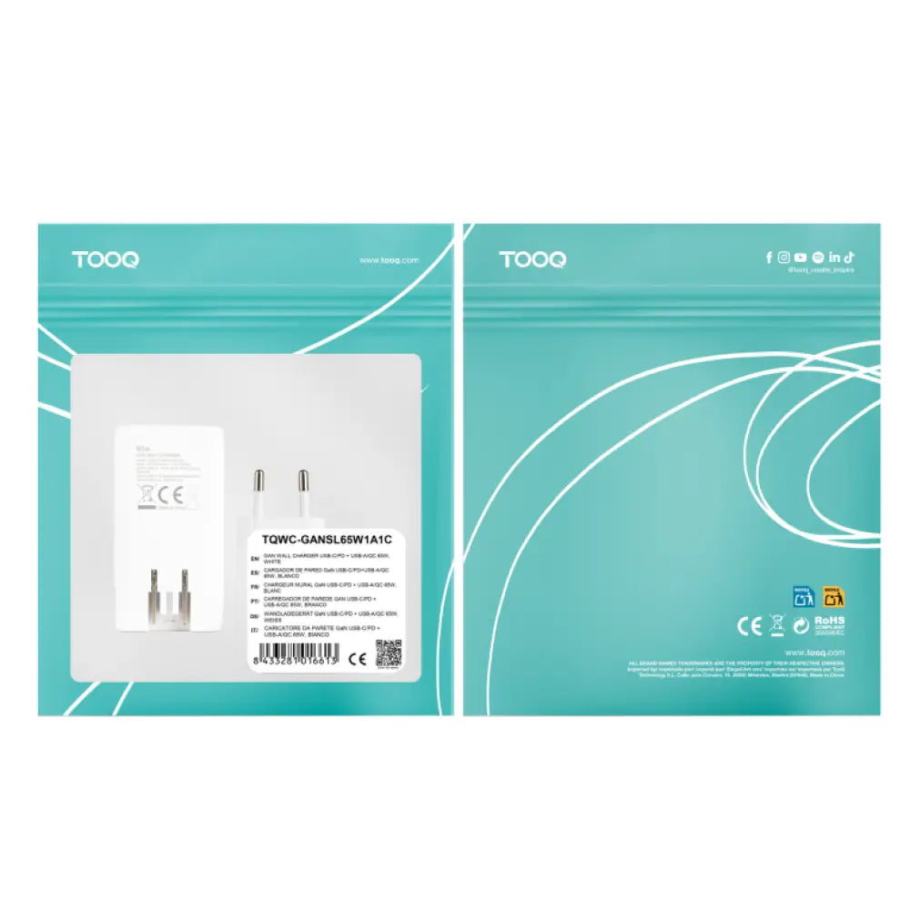 TooQ Cargador de viaje Tipo C y Tipo A. GaN 65W. USB-C/PD + USB-A/QC. Blanco - detalle