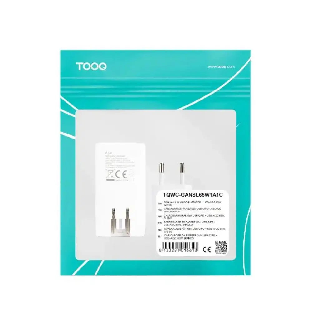 Tooq Cargador pared GAN USB-C/PD + USB-A/QC 65W - detalle