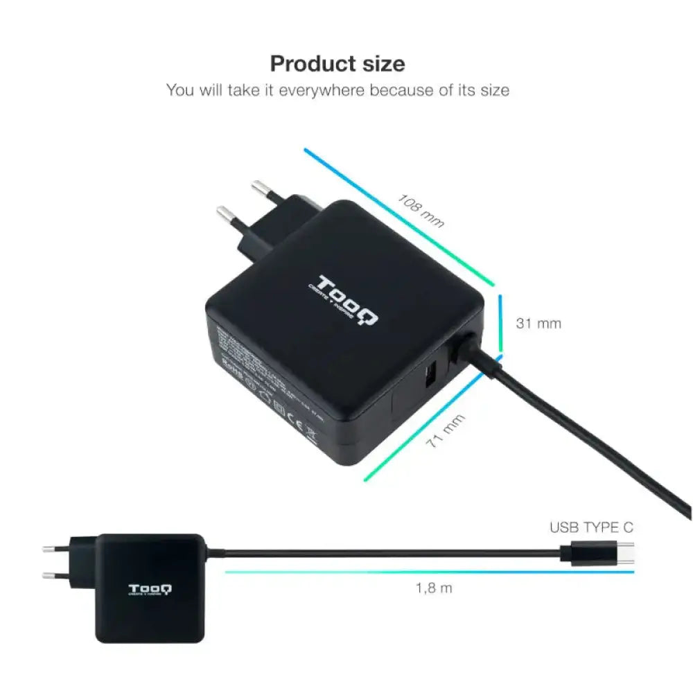 Tooq Cargador portátil conector USB-C 65W - detalle