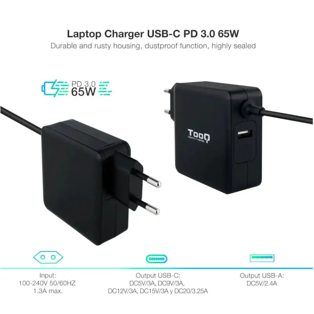 Tooq Cargador portátil conector USB-C 65W - detalle