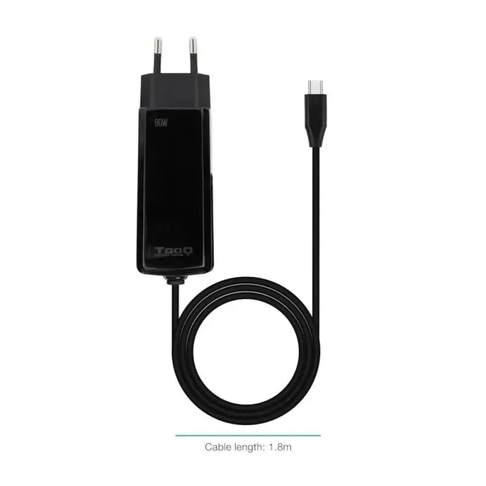Cargador portátil TOOOQ GAN USB-C PD 90W en forma cúbica para portátil, con puertos USB-C para carga rápida y eficiente.