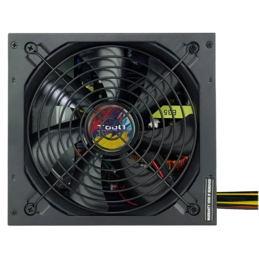 Fuente de alimentación TOOQ TQAPOLO-600SP de 600W para PCs, con diseño compacto y ventilador para refrigeración eficiente.