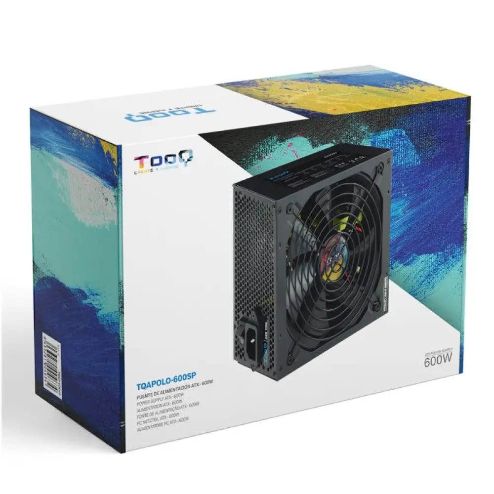 Fuente de alimentación TOOQ TQAPOLO-600SP de 600W, para PCs, con diseño compacto y cables distribuidos para fácil instalación.
