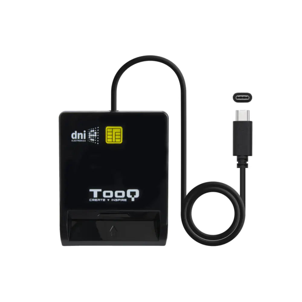 Lector de tarjetas inteligentes TOOQ DNIe SIM USB-C en color negro, conectado a un puerto USB-C.