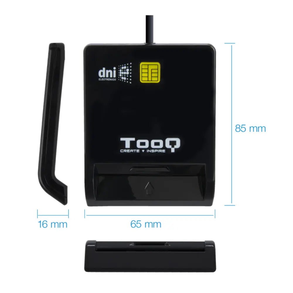 Lector de tarjetas inteligentes TooQ DNIe y SIM USB-C en color negro, conectado a un computador portátil.