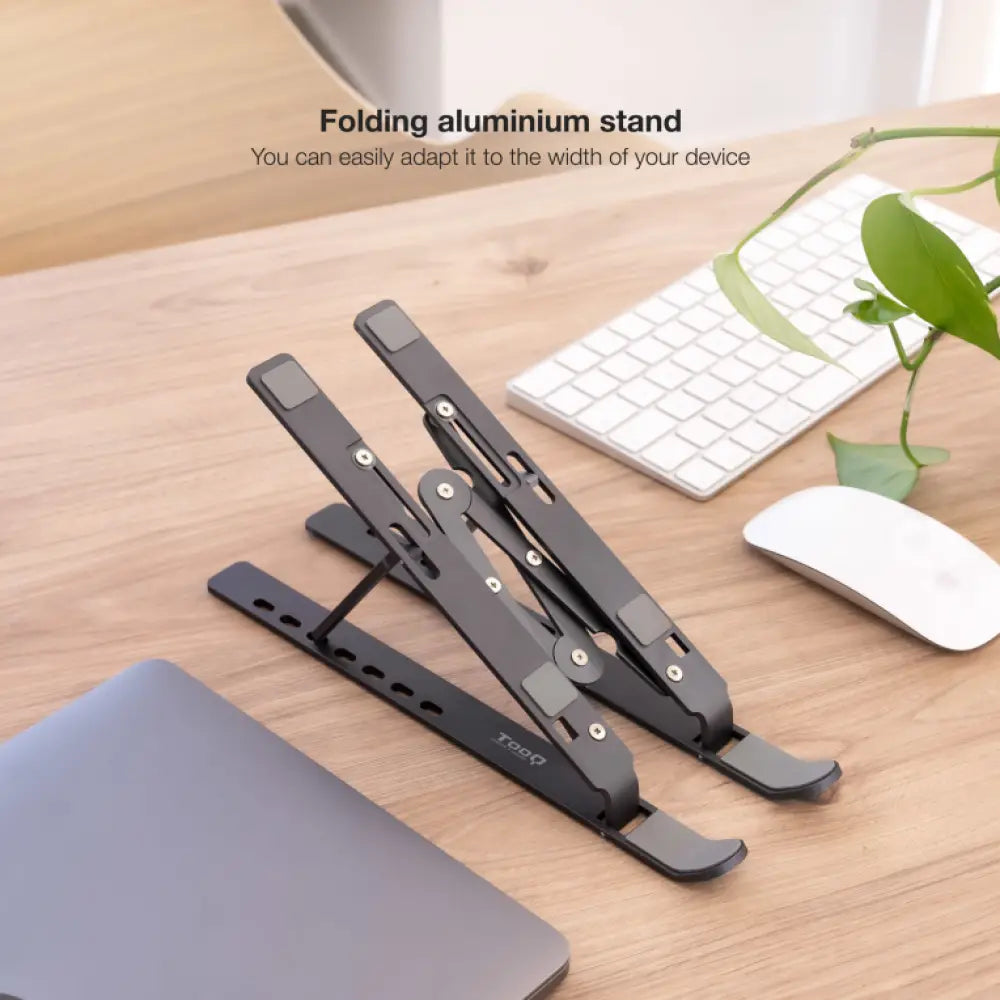 Soporte elevador gris TooQ para portátiles, tablets, móviles y libros, con diseño ergonómico y compacto.