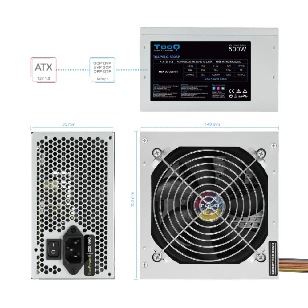 TooQ TQAPOLO-500SP unidad de fuente de alimentación 500 W 20+4 pin ATX ATX Plata - detalle