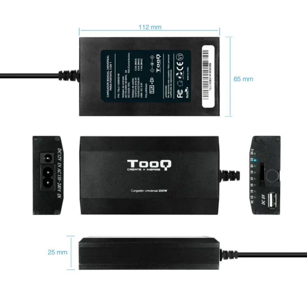TooQ TQLC-100BS01M adaptador e inversor de corriente Auto/Interior Negro - detalle