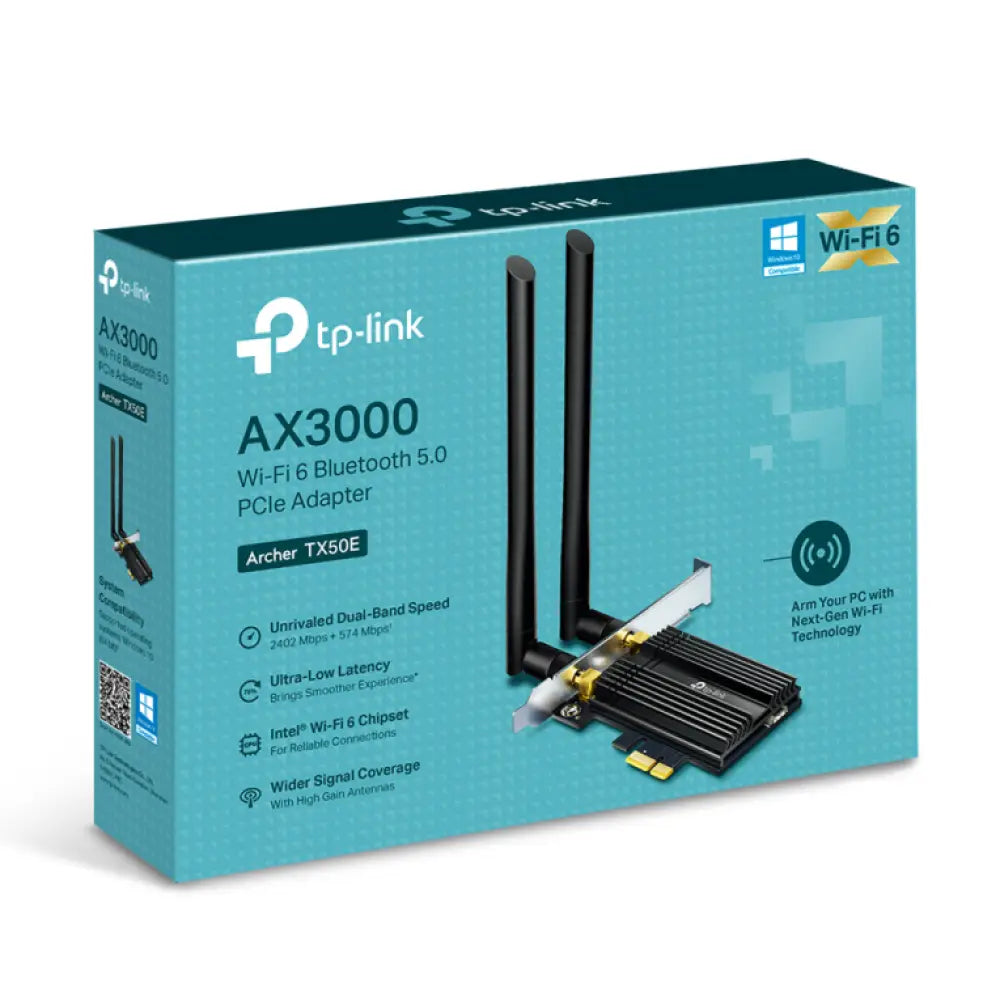 Adaptador TP-Link Archer TX50E con Wi-Fi y Bluetooth, velocidad de 2402 Mbit/s, tarjeta de red para computadora.