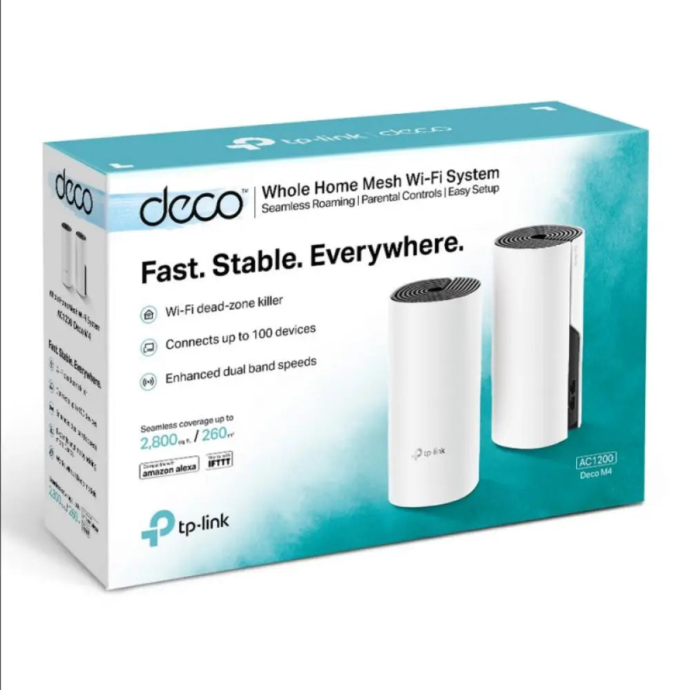 Puntos de acceso TP-Link Deco M4 2-Pack con WiFi Mesh AC1200 y puertos Gigabit Ethernet para conexión rápida y estable.