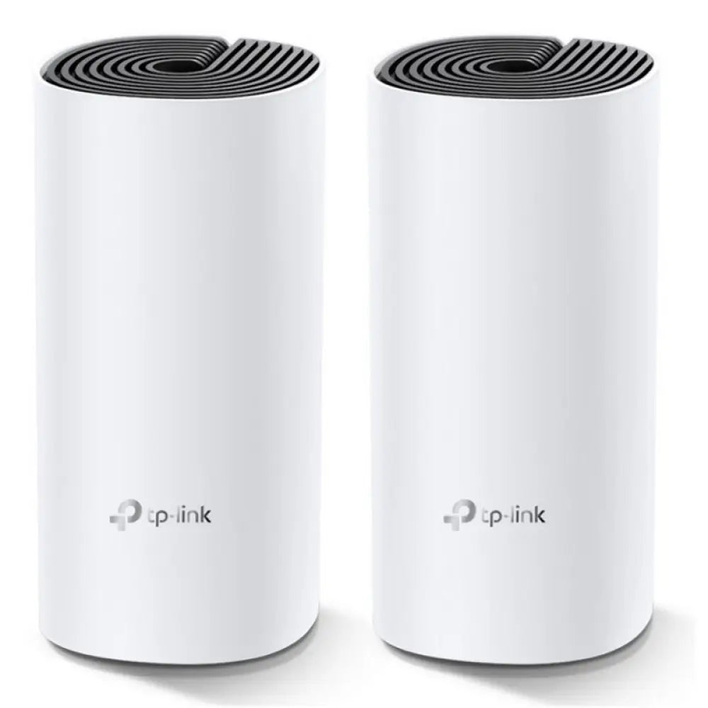 Dos puntos de acceso TP-Link Deco M4 con WiFi Mesh AC1200 y puertos Gigabit Ethernet para red estable y rápida.