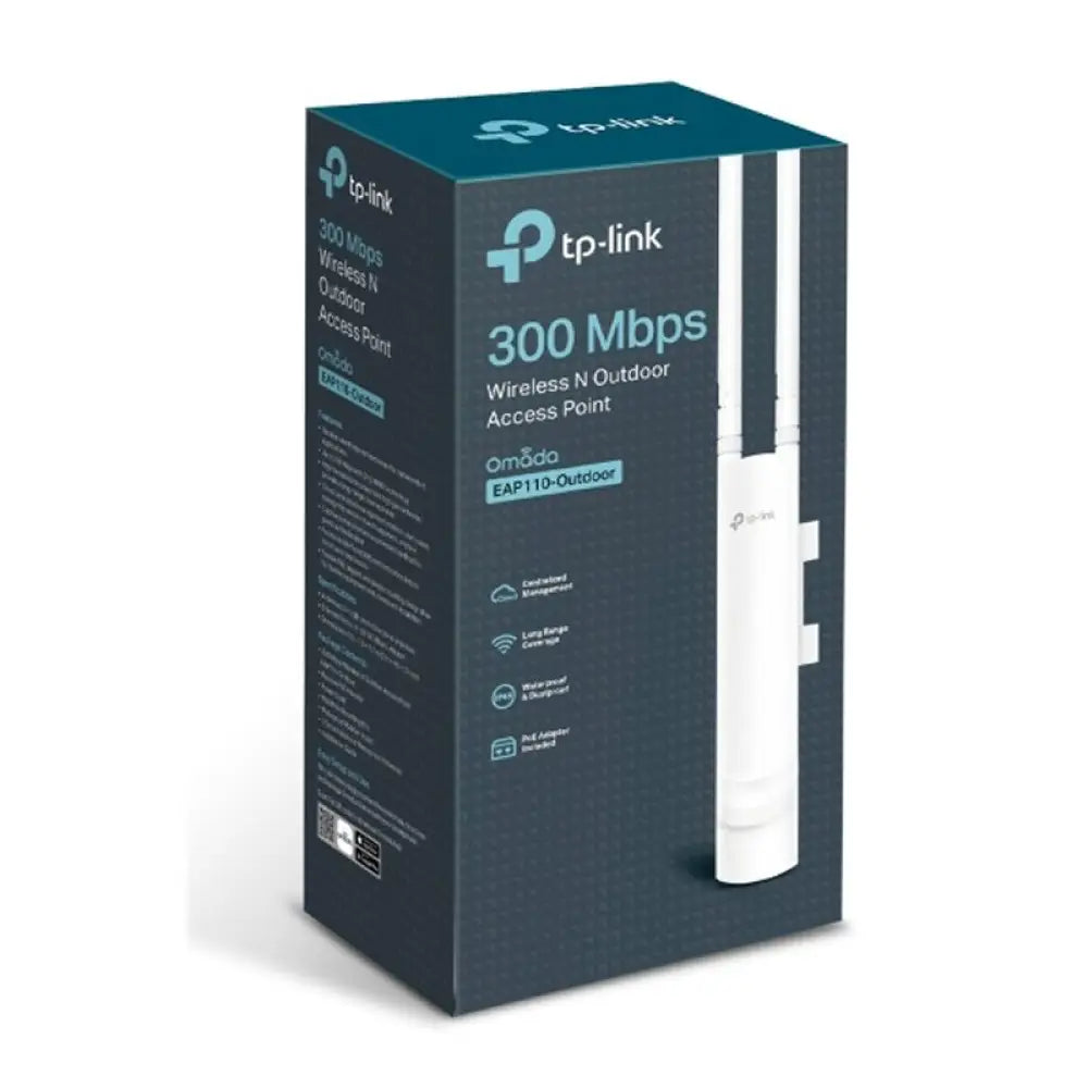 Punto de acceso exterior TP-LINK EAP110 con antena y puerto PoE, diseñado para redes inalámbricas N300 en exteriores.