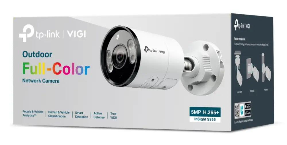 Cámara de seguridad IP exterior TP-LINK INSIGHT S355 Bala, con resolución 2880 x 1620 píxeles, montada en pared.