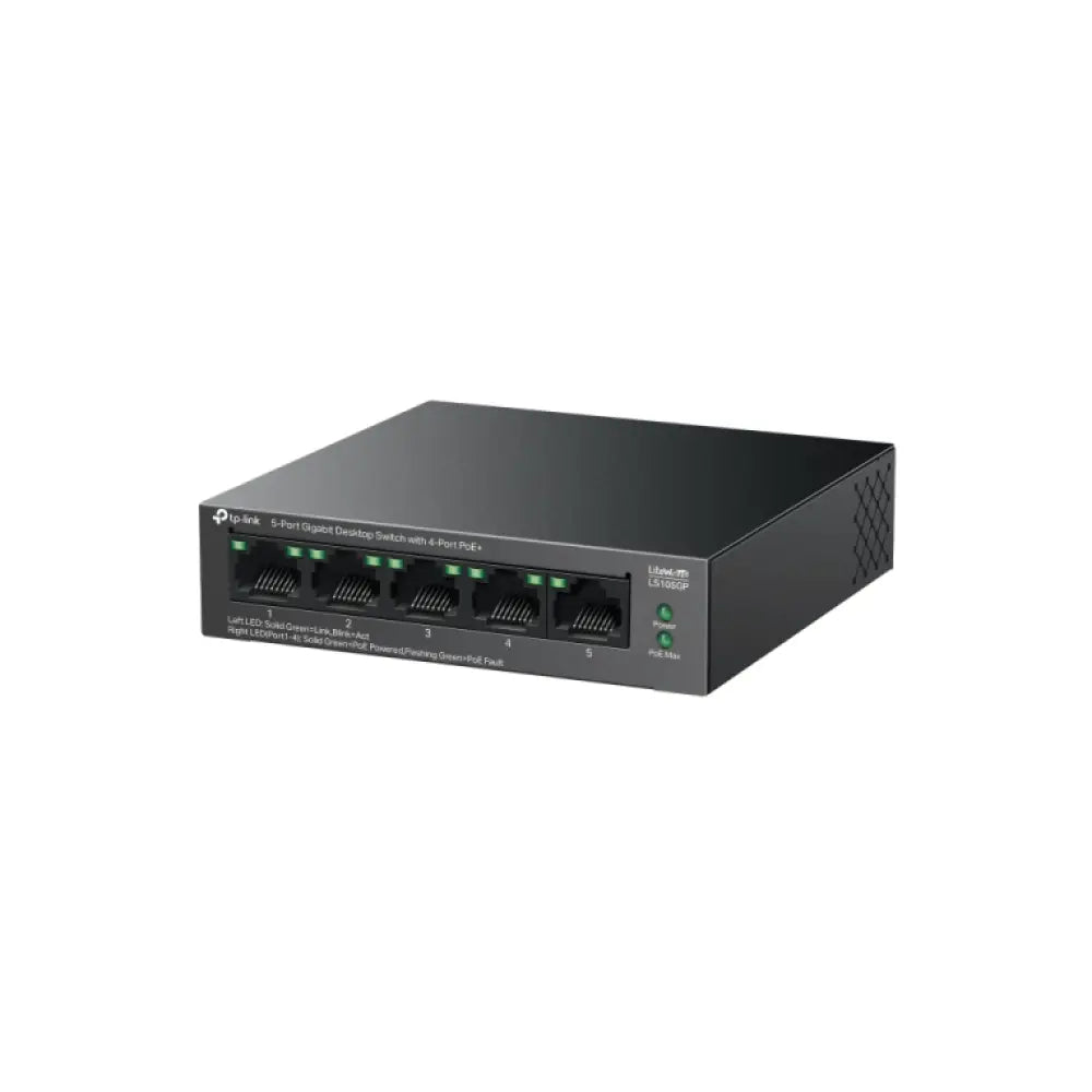 Switch TP-Link LiteWave LS105GP negro con puertos Gigabit Ethernet y soporte PoE, sin gestión, en color negro.