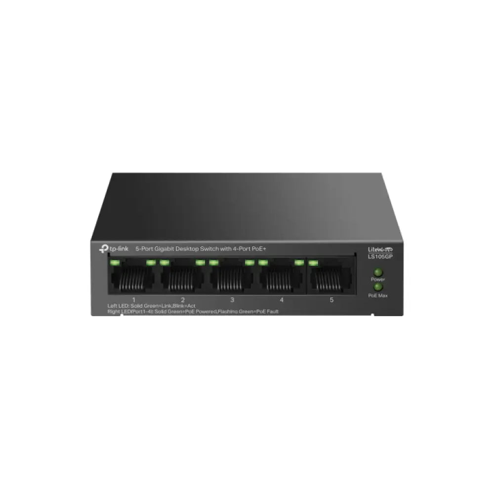 Interruptor TP-Link LiteWave LS105GP negro, switch no administrado Gigabit Ethernet con PoE, 10/100/1000 Mbps, diseño compacto.
