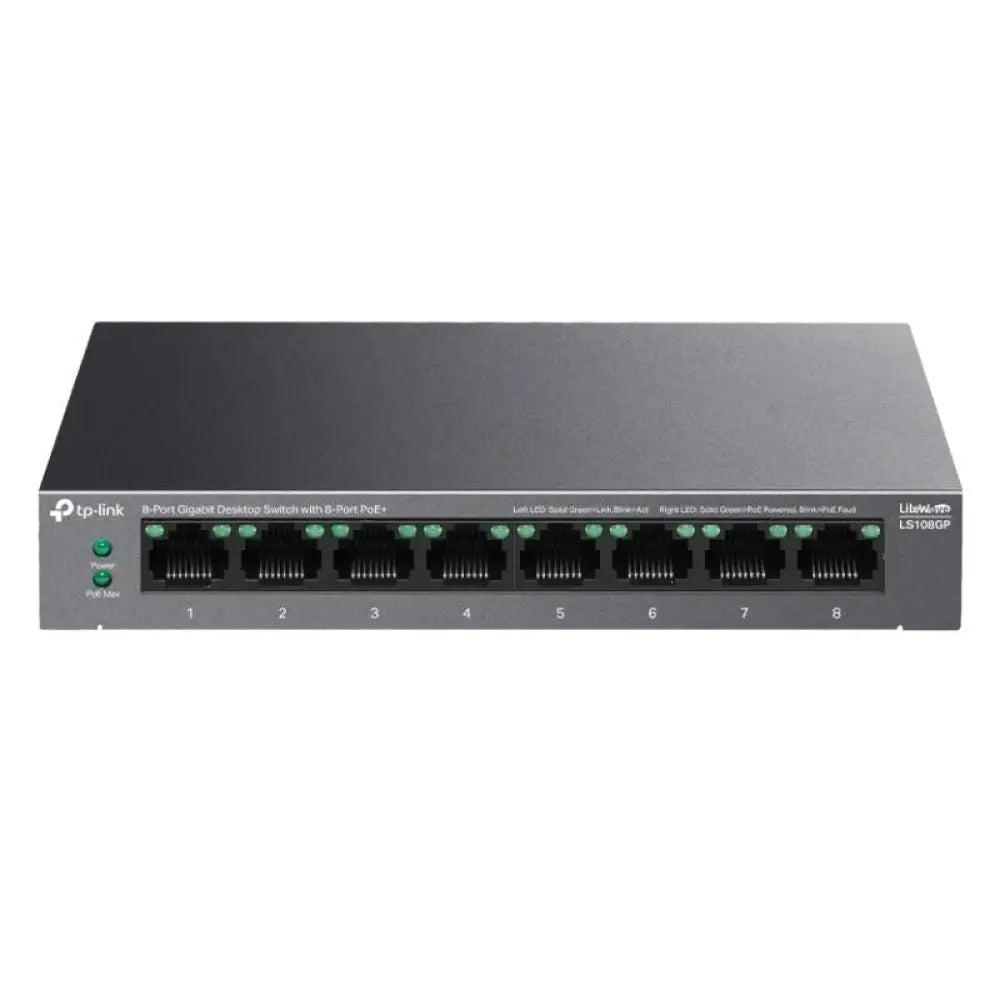 Interruptor TP-Link LS108GP con 8 puertos Gb y PoE+ 62W, switch de sobremesa para redes confiables y eficientes.