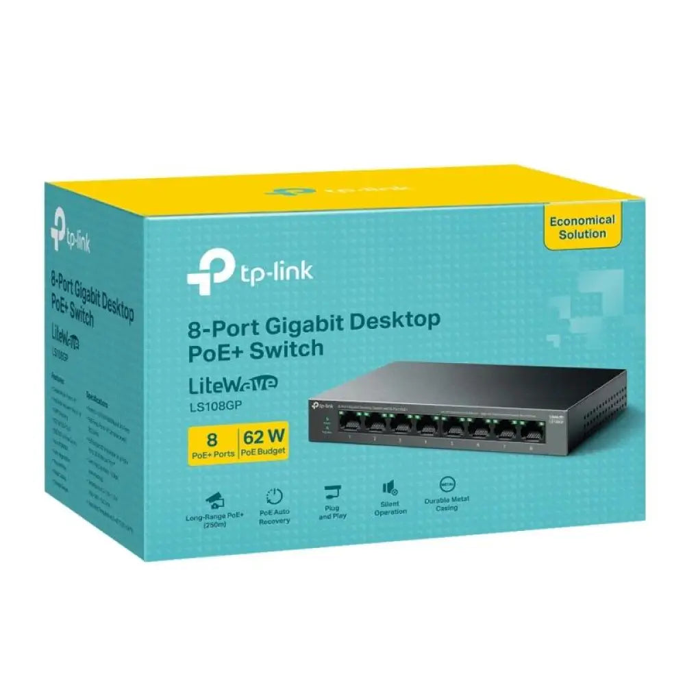 Interruptor sobremesa TP-Link LS108GP con 8 puertos Gb, PoE+ 62W, ideal para redes domésticas y oficinas.