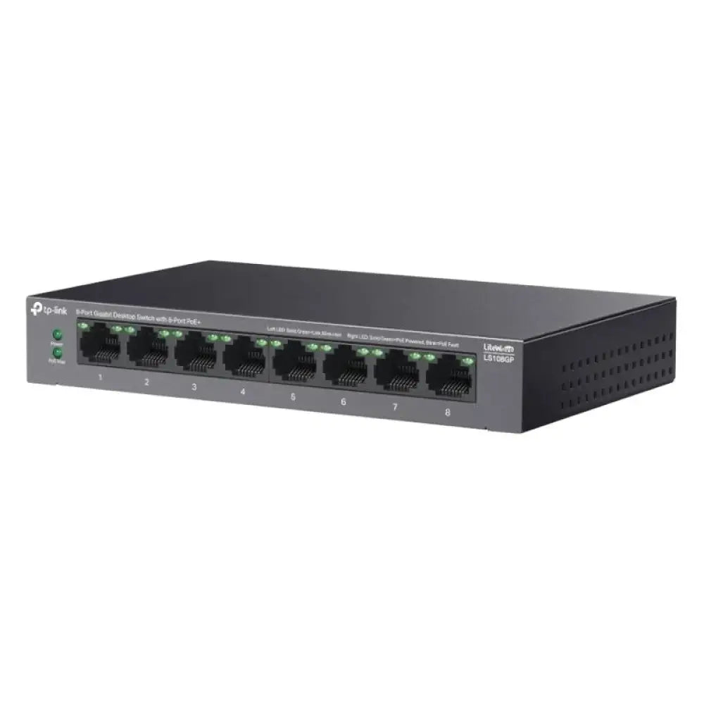 Interruptor sobremesa TP-Link LS108GP con 8 puertos Gb y PoE+ de 62W para conexiones de red eficientes.