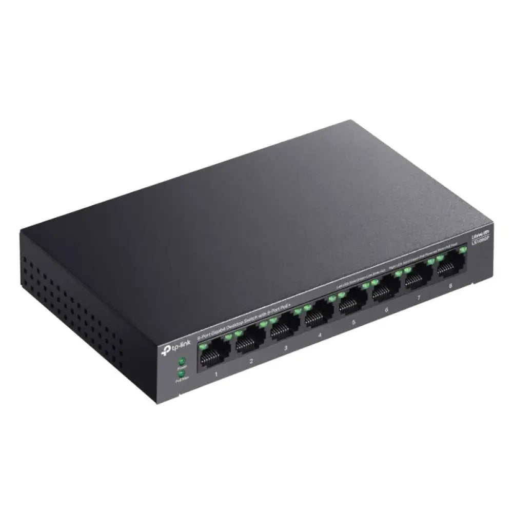 Interruptor sobremesa TP-LINK LS108GP con 8 puertos Gb, PoE+ 62W, ideal para conexiones de red en oficina o hogar