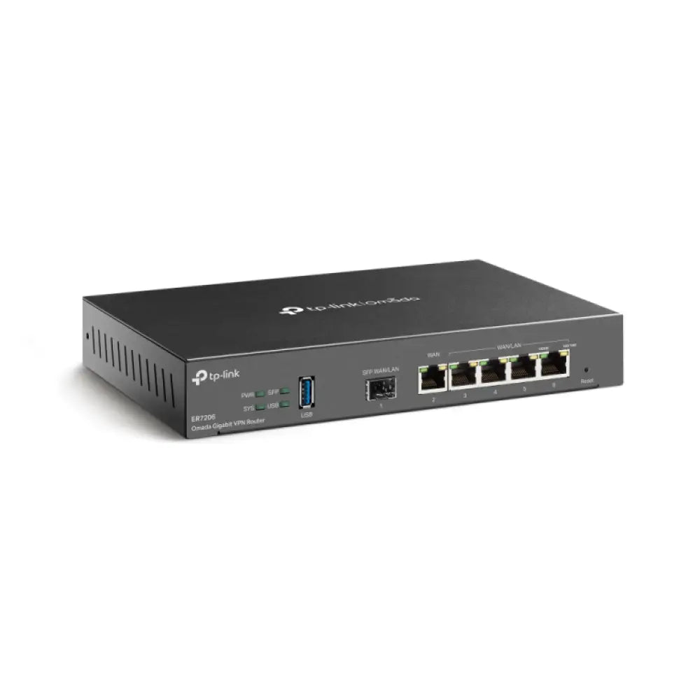 Router TP-Link Omada ER7206 con puertos Gigabit Ethernet, diseño negro para redes cableadas confiables.