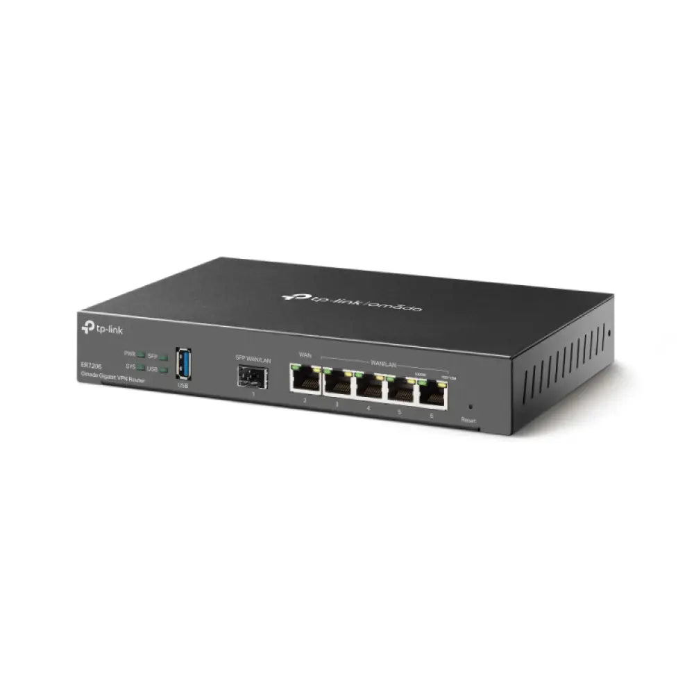 Router TP-Link Omada ER7206 con puerto Gigabit Ethernet en color negro, router con cable para redes empresariales.
