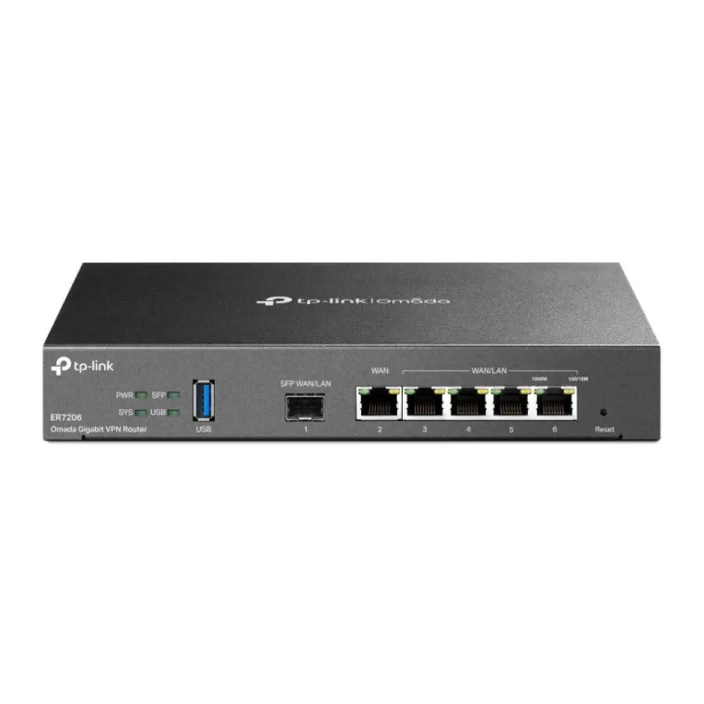 Router TP-Link Omada ER7206 con puertos Gigabit Ethernet, diseño negro y conexión por cable para redes empresariales.