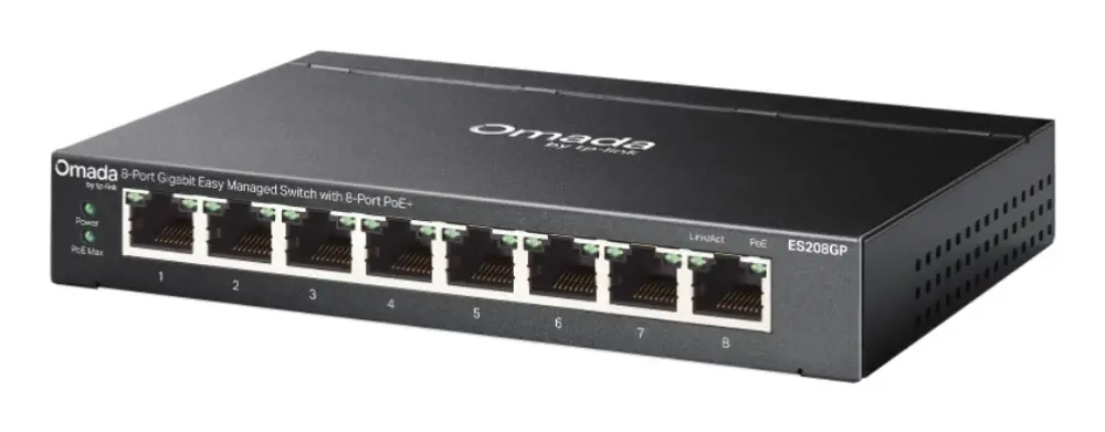 TP-Link Omada ES208GP switch Gestionado L2 Gigabit Ethernet (10/100/1000) Energía sobre Ethernet (PoE) DIN rail Negro - detalle
