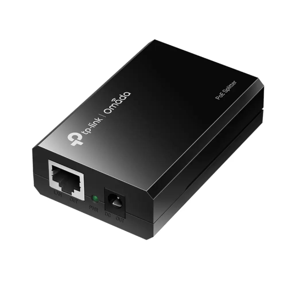 Divisor de red TP-Link Omada POE10R en color negro, splitter de energía sobre Ethernet PoE para conectar dispositivos.
