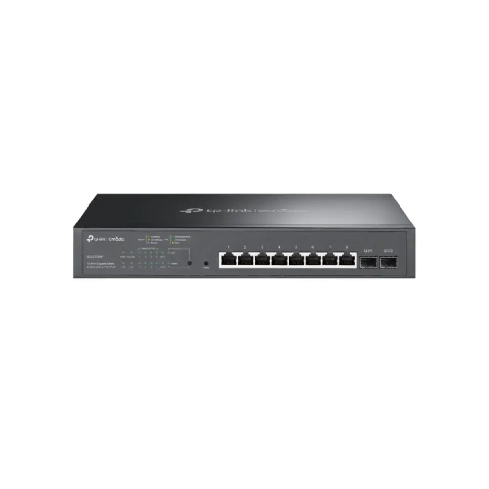 Interruptor gestionado TP-Link Omada TL-SG2210MP con puertos Gigabit Ethernet y energía sobre Ethernet en color negro.