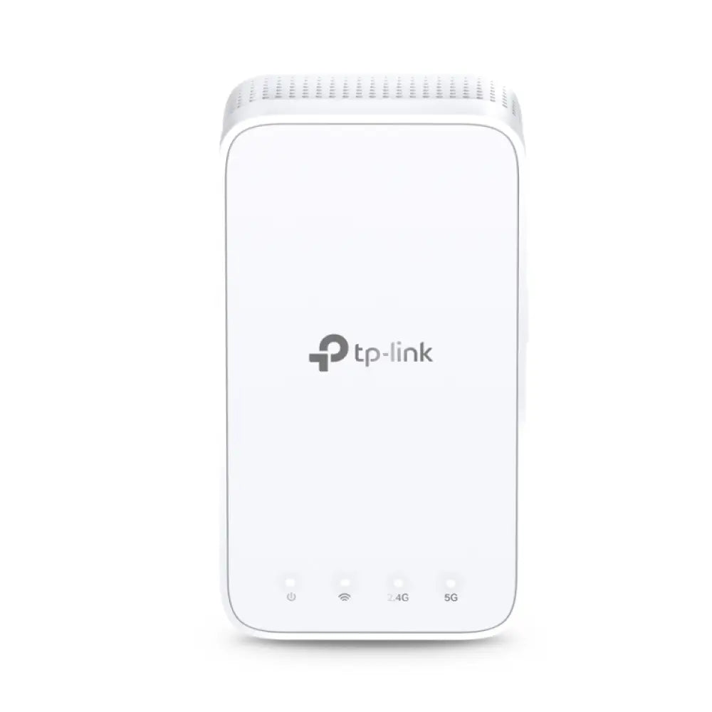Amplificador de red TP-LINK RE300 en color blanco, repetidor de señal Wi-Fi para ampliar cobertura de red en el hogar.