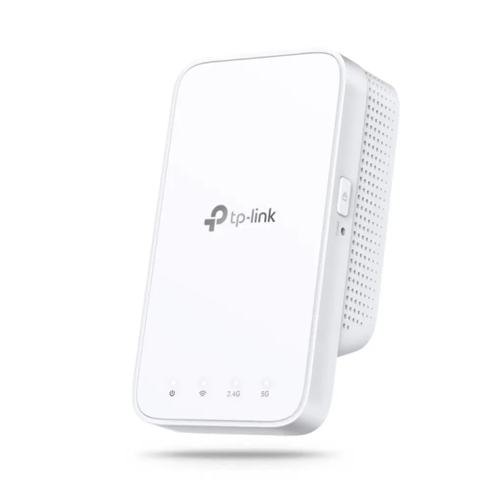 Extensor de cobertura TP-LINK RE300 en color blanco, amplificador de red de tamaño compacto y diseño moderno.