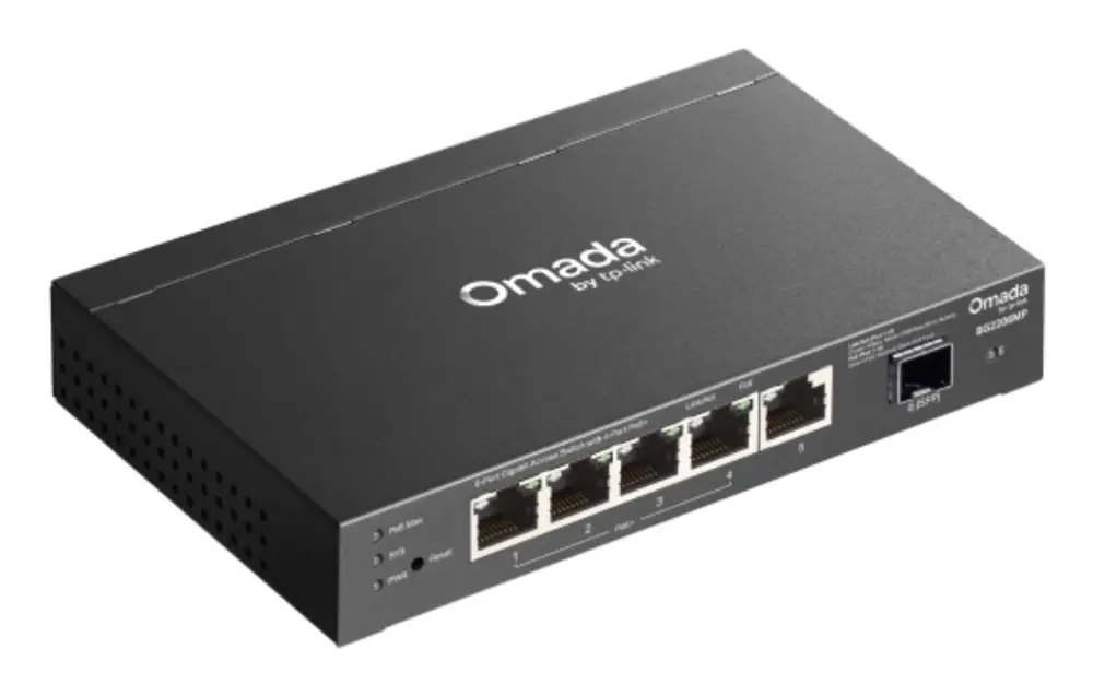 Interruptor TP-Link SG2206MP con puertos Gigabit Ethernet y soporte PoE para energía sobre Ethernet.