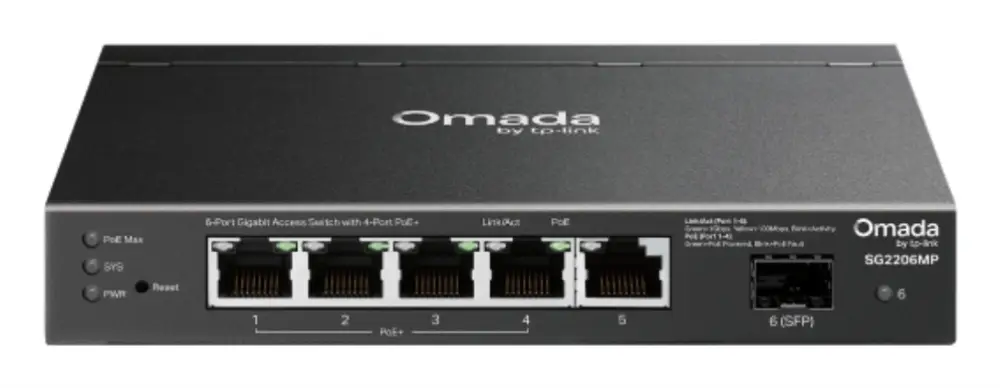 Interruptor TP-Link SG2206MP con puertos Gigabit Ethernet y soporte PoE para redes de nivel 2.