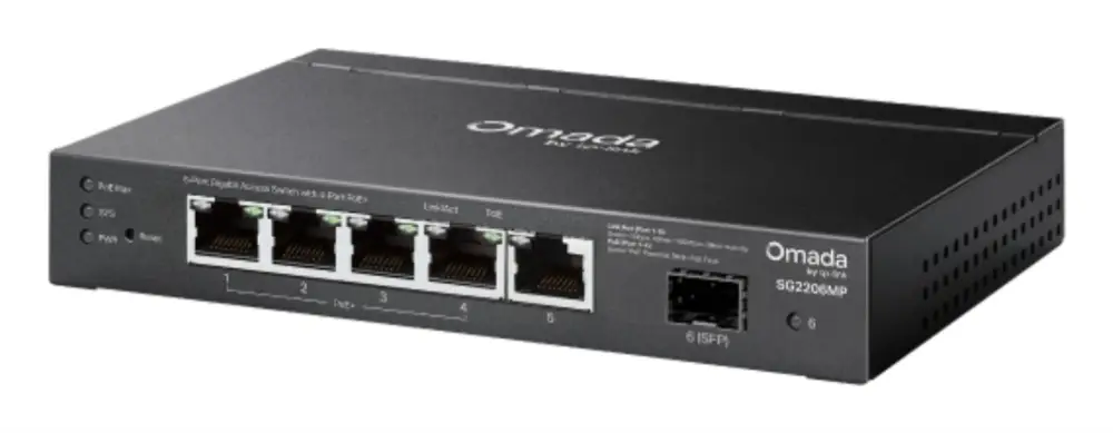 Conmutador TP-Link SG2206MP con puertos Gigabit Ethernet y soporte PoE para energía sobre Ethernet, vista frontal.