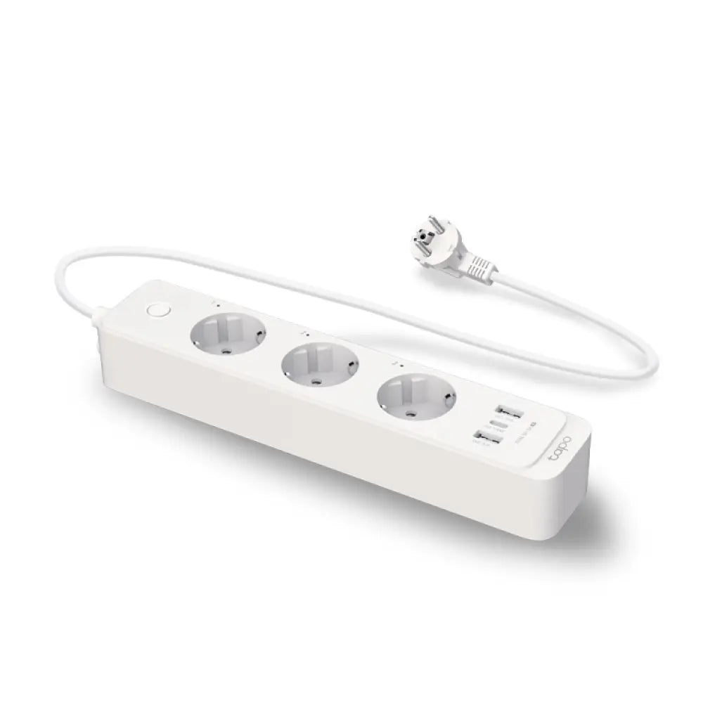 Regleta inteligente TP-Link Tapo P300 con 3 salidas AC Type F, cable de 1.5 m y potencia 2300 W en color blanco.