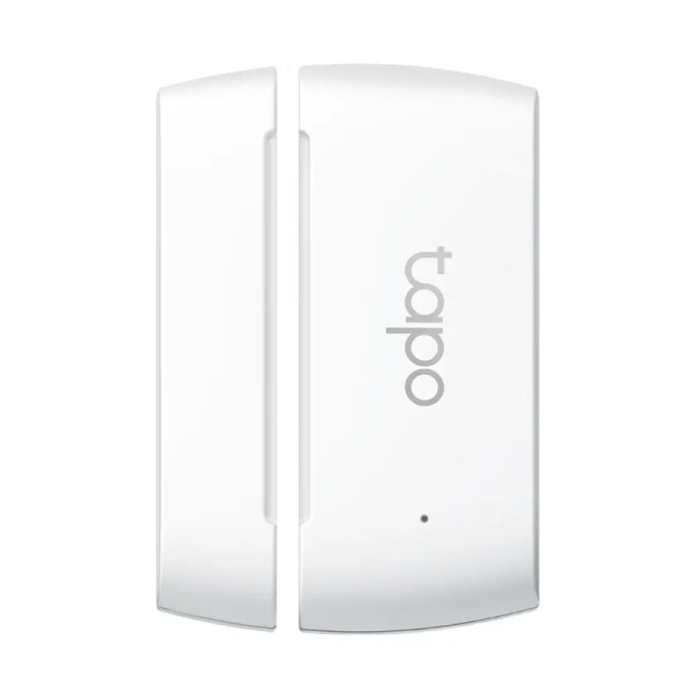 Sensor de puerta y ventana inalámbrico TP-Link Tapo T110 en color blanco, detecta apertura de puertas y ventanas, incluye batería.
