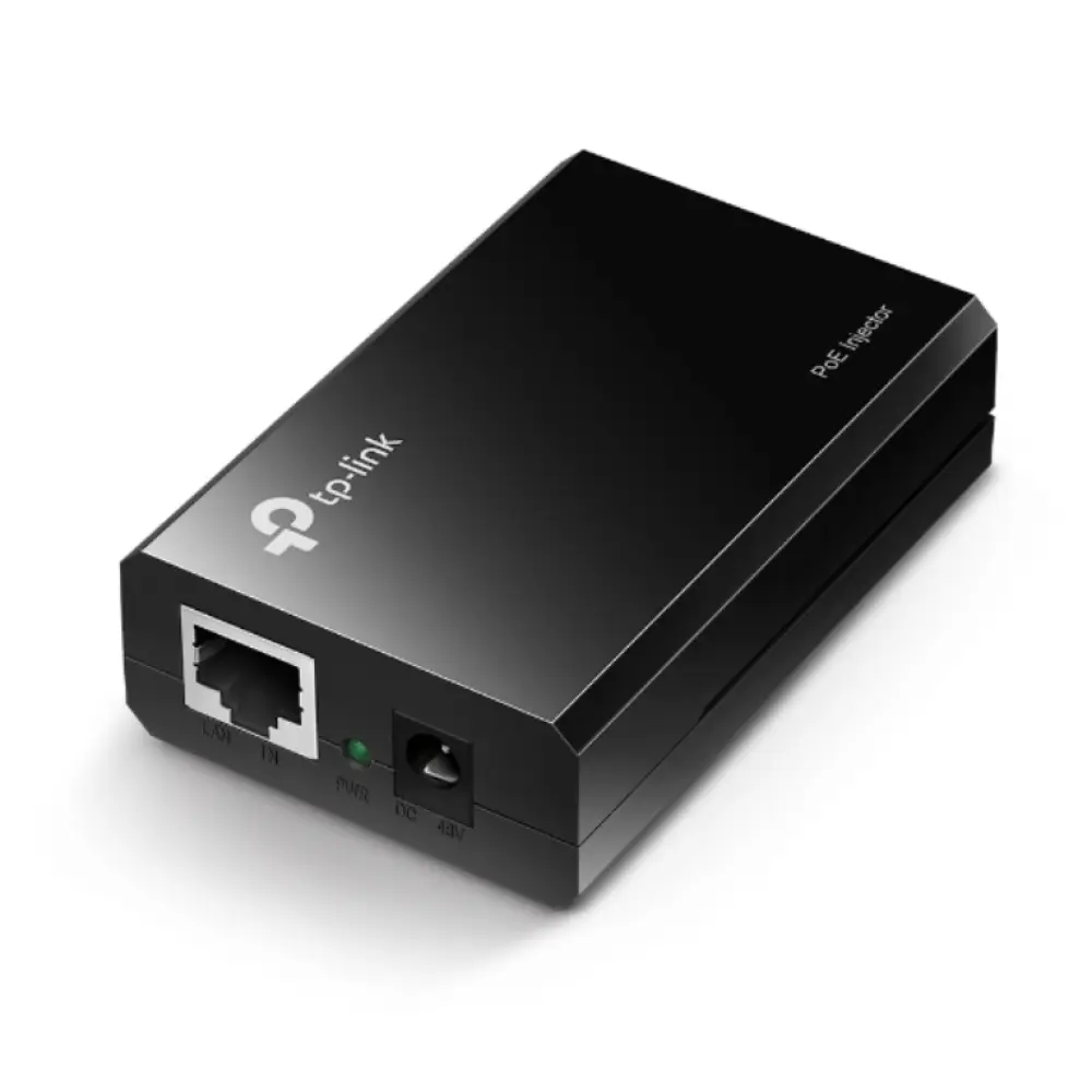 Adaptador PoE TP-LINK TL-POE150S v3 con puerto Gigabit Ethernet, compacto y diseñado para suministrar energía y datos a dispositivos.