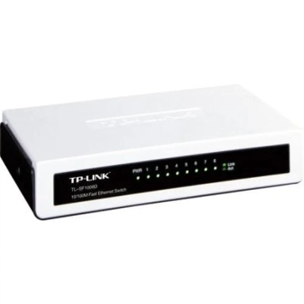 Switch sobremesa TP-LINK TL-SF1008D con 8 puertos 10/100 Mbps, compacto y fácil de usar para redes domésticas o pequeñas oficinas.