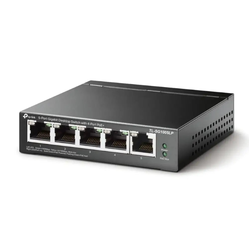 Interruptor sobremesa TP-Link TL-SG1005LP con 5 puertos Gigabit, 4 con PoE+ para conexiones de red eficientes.