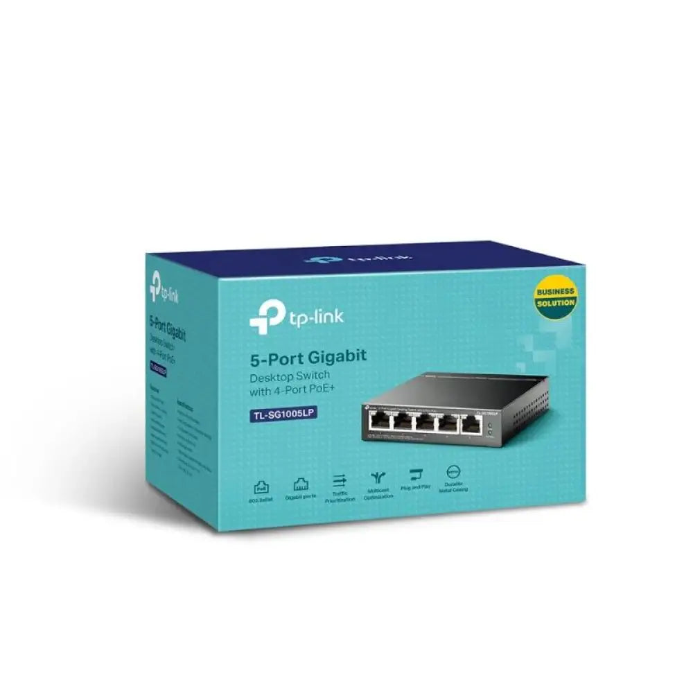 Interruptor de sobremesa TP-LINK TL-SG1005LP con 5 puertos Gb y 4 puertos PoE+ para conexión de red eficiente.