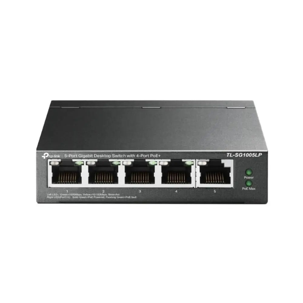 Interruptor sobremesa TP-Link TL-SG1005LP con 5 puertos Gb y 4 puertos PoE+ para redes de oficina.