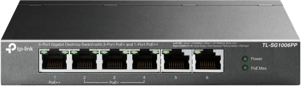 Interruptor no administrado TP-Link TL-SG1006PP con puertos Gigabit Ethernet y energía sobre Ethernet PoE en color gris.