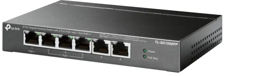 Interruptor no administrado TP-Link TL-SG1006PP con puertos Gigabit Ethernet y soporte PoE en color gris.