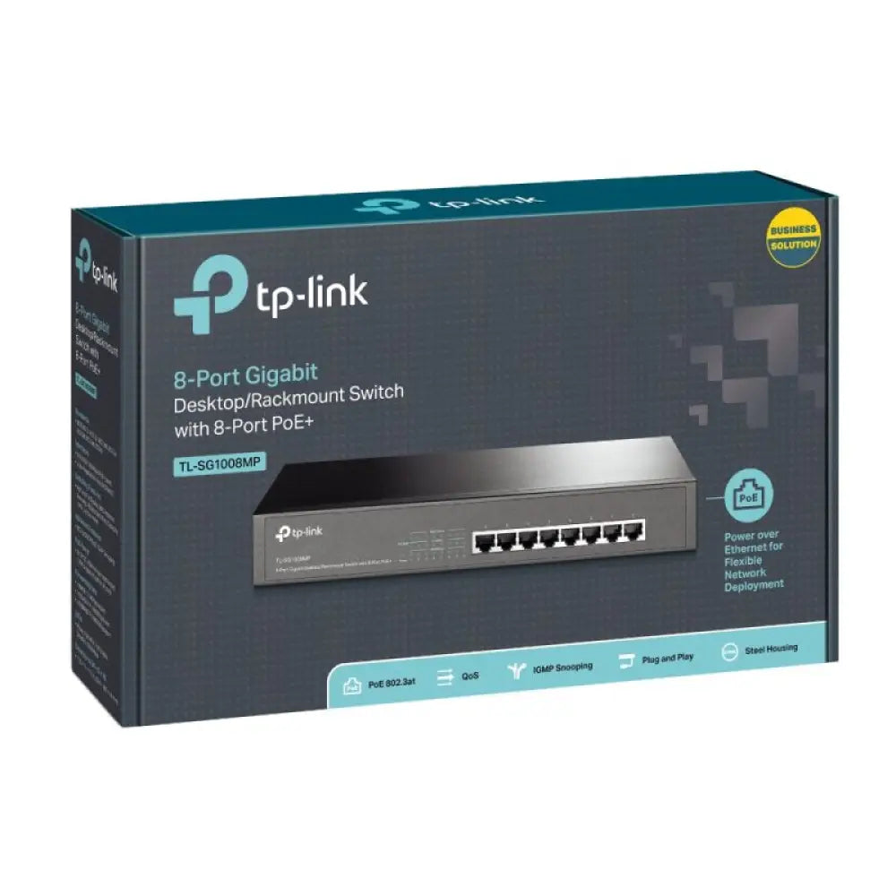 Interruptor de red TP-LINK TL-SG1008MP con 8 puertos Gigabit y PoE+ para armario de red, en color negro.