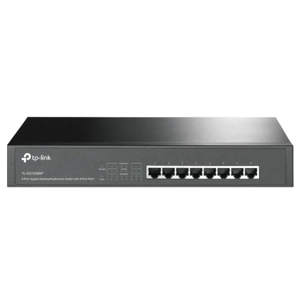 Interruptor de red TP-LINK TL-SG1008MP con 8 puertos Gigabit y PoE+ en armario de red.